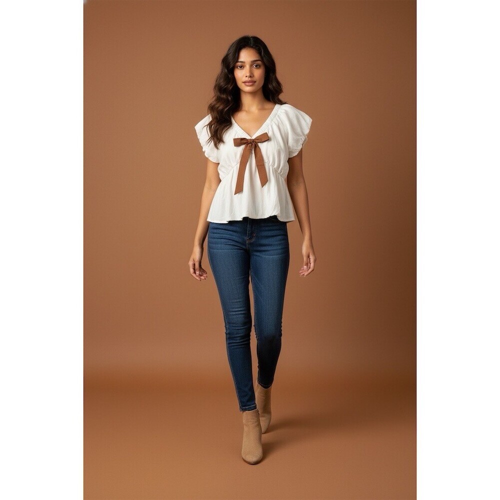 In February Blouse Womens Size L Ivory V-Neck Bubble Sleeve Front Bow Tie​